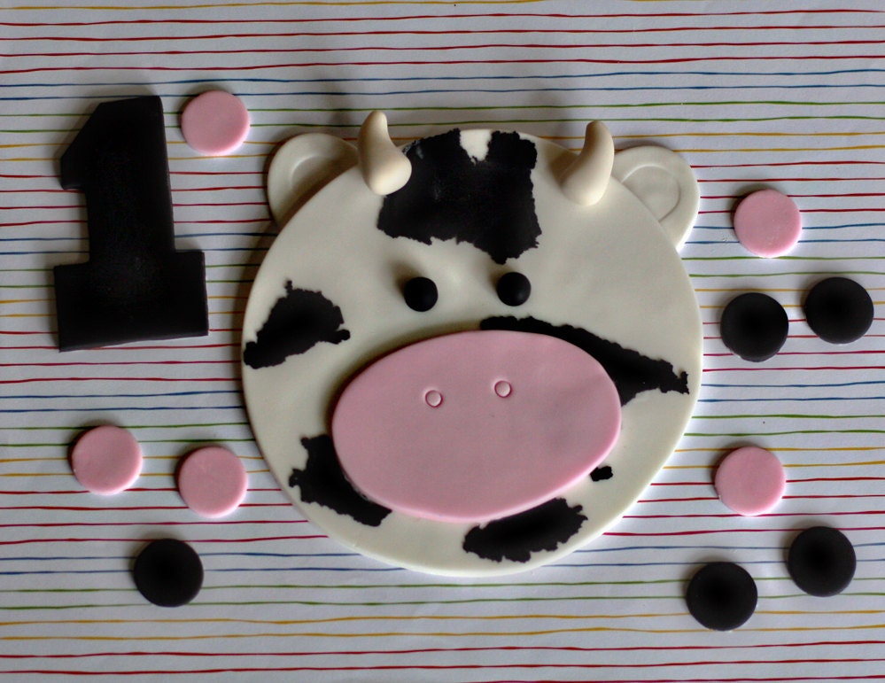 Fondant Cow, Age and Polka Dot Decorations Perfect for a Farm Themed Smash Cake or Birthday Cake