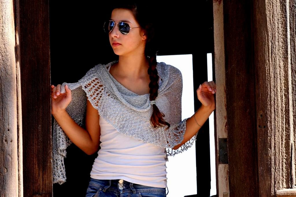 Silver Wraparound Shawl, Crocheted Shawl, Womens Knit Shawl, Women's Clothing Accessories