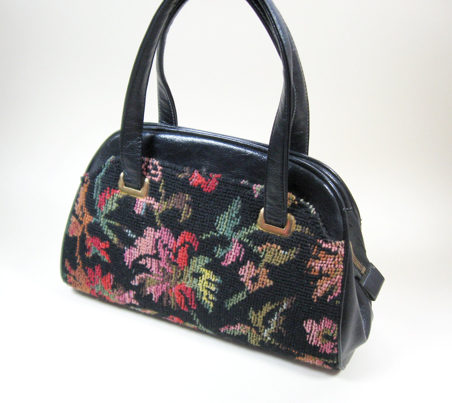 60s Floral Tapestry Handbag Black Faux Leather Purse Bag
