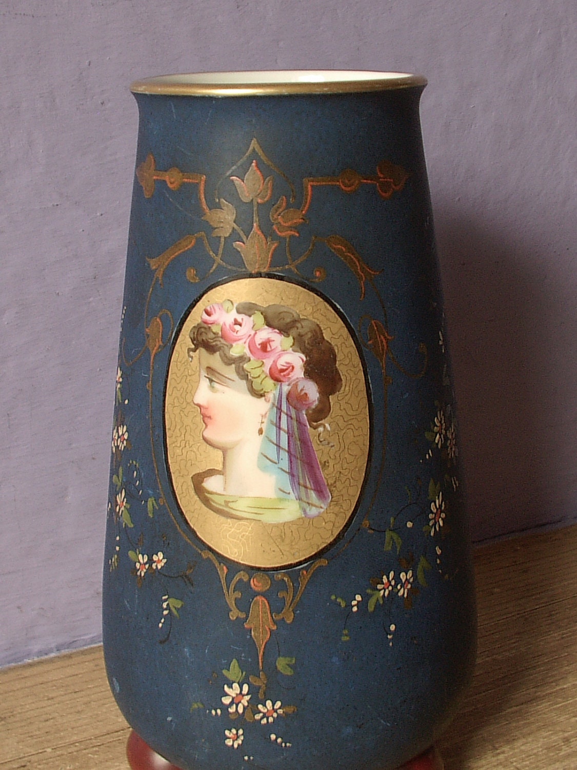 vintage blue vase, French Victorian Limoges style cameo vase, hand painted porcelain, Shabby chic cottage bedroom decor