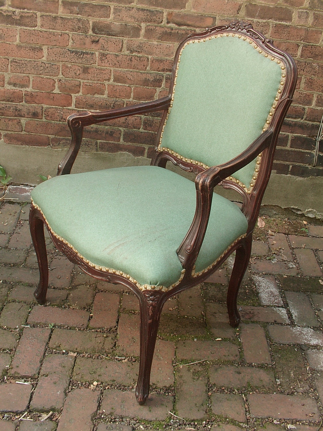 antique furniture French Provincial arm chair, shabby chic dining room furniture, green naugahyde leather, bedroom, captains chair