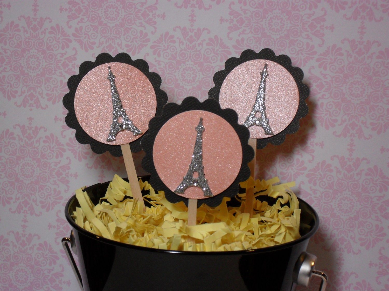 Eiffel Tower Paris pink and black cupcake toppers - Set of 12 Il_170x135