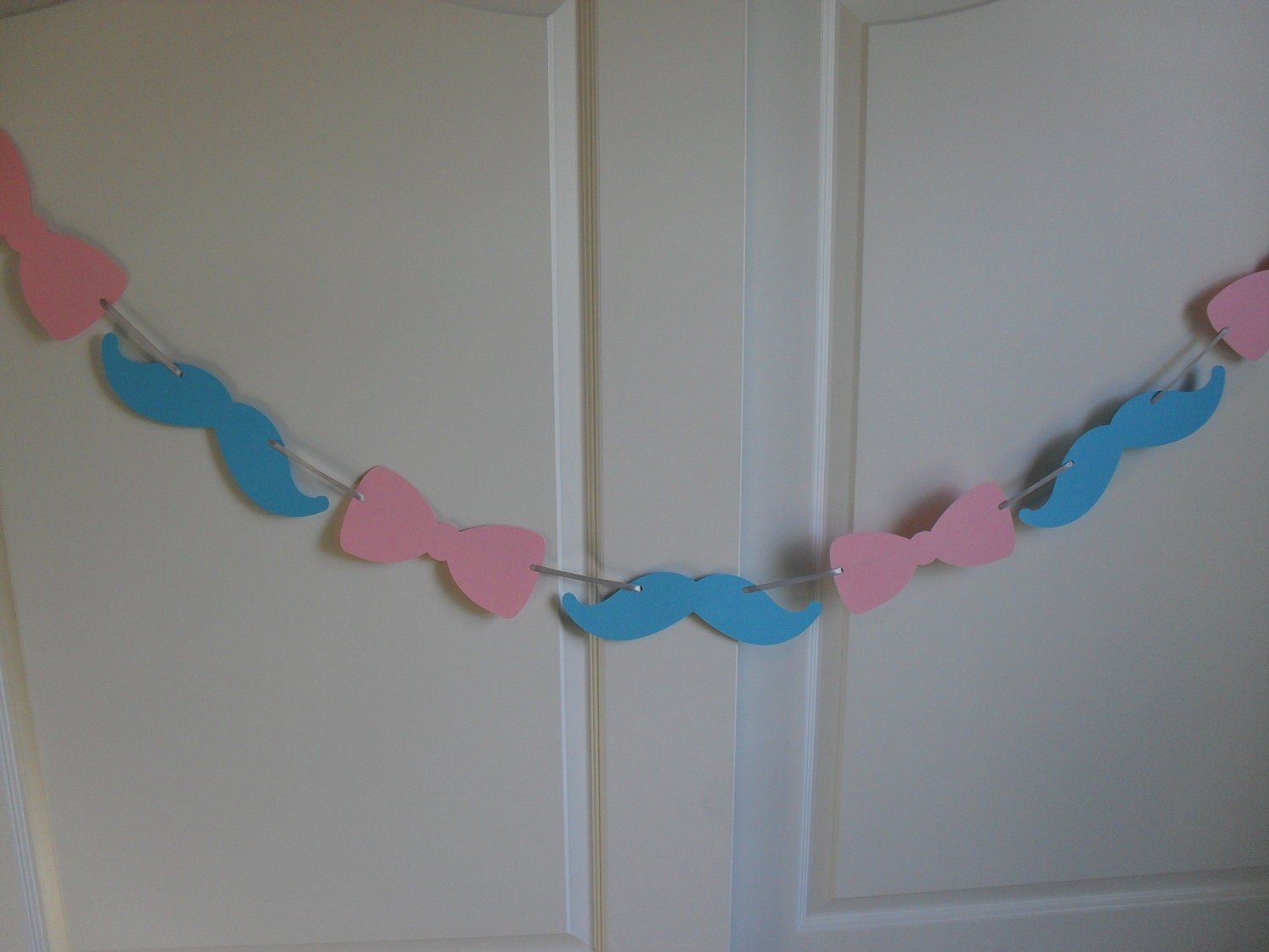 Mustache Bow Tie Banner Pink Blue Gender Reveal Garland Birthday Party Little Man Bachelor party 40th birthday baby shower Custom colors Il_170x135
