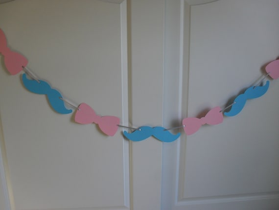 Mustache Bow Tie Banner Pink Blue Gender Reveal Garland Birthday Party Little Man Bachelor party 40th birthday baby shower Custom colors Il_570xn
