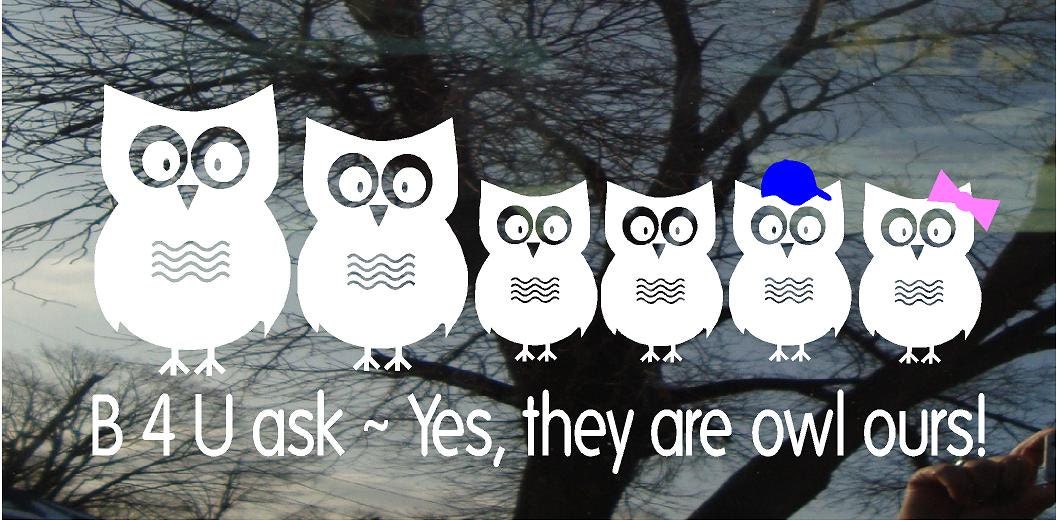 Owl Family Vinyl Car Window Decal - 4h x 12.2w - Set of 6 owls...PaPa, MaMa, and 4 little ones and wording below -  FREE pink bows Blue caps