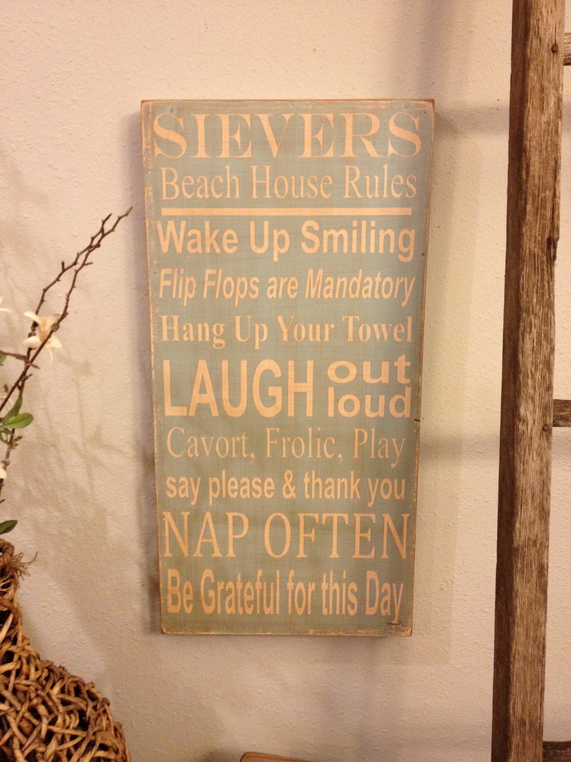 Beach House family rules subway style art wood sign - personalized - beach house blue - distressed primitive looking sign