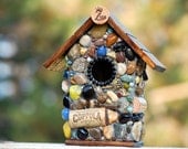 Mosaic Zin Birdhouse with Black Glass, Wine Corks and Stones