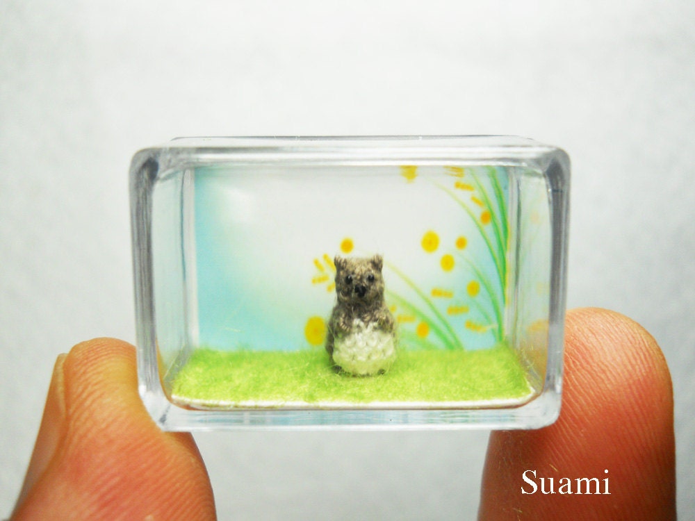 Micro Miniature Groundhog -  Extreme Tiny Crocheted Grey Groundhog Beaver - Made To Order