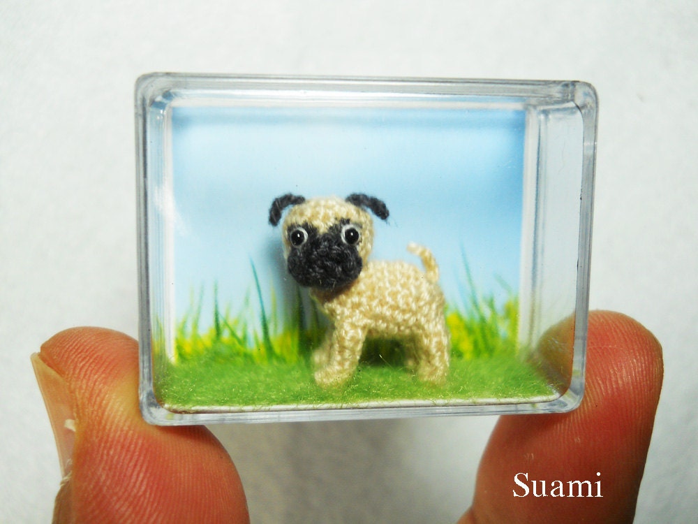 Micro Miniature Tan Pug Dog - Teeny Tiny Dollhouse Miniature Pet - Thread Crochet Animals - Made To Order