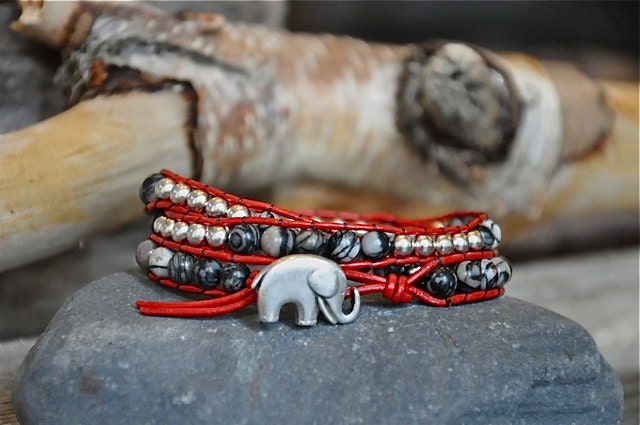 Lucky Elephant 3 Wrap Red Leather and Netstone 6mm Leather Bead Bracelet with Silver Beads