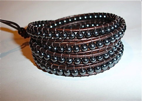 Chan Luu Style Custom Leather 4 four Wrap Hematite Bead Bracelet in Black or Brown