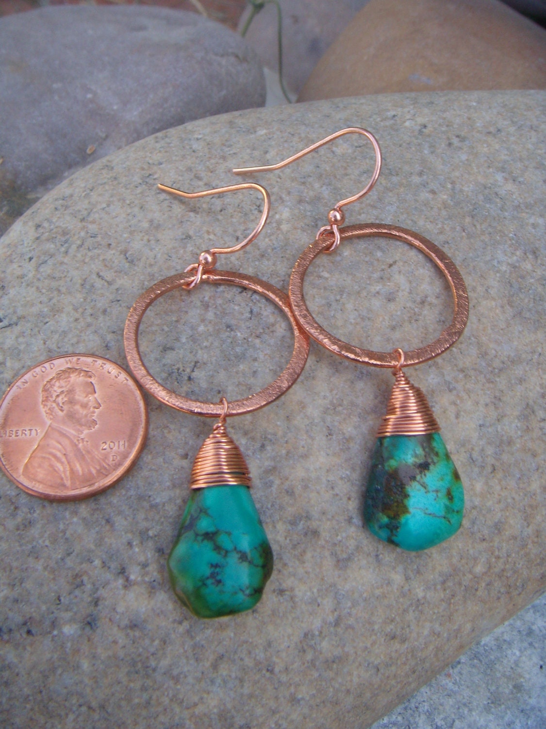 Turquoise Copper Earrings - Small Hoop Dangle Earrings - Hammered Hoop Earrings - December Birthstone