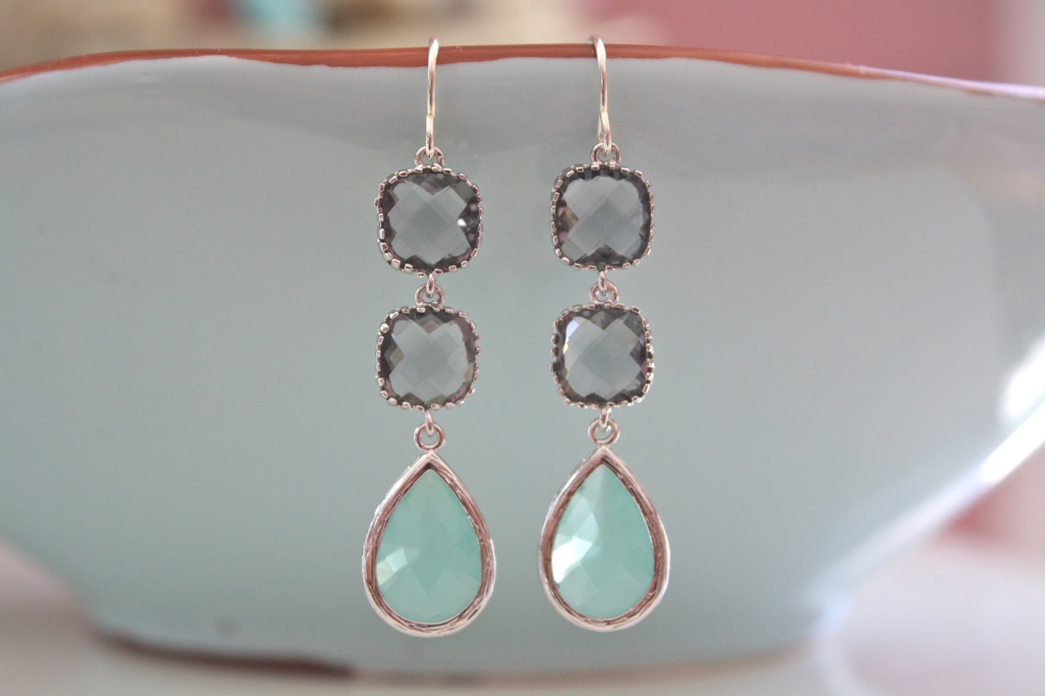 Tiffany Blue and Gray Dangle Earrings, Tiffany Blue Wedding, Bridesmaids Jewelry, Bridal Jewelry, Bridesmaid Gifts