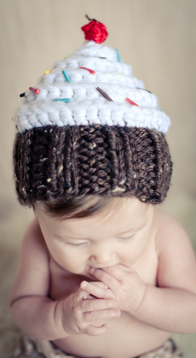 Cupcake Hat, Chocolate with White Swirl Frosting and Confetti Sprinkles. Newborn Size, Ready to Ship