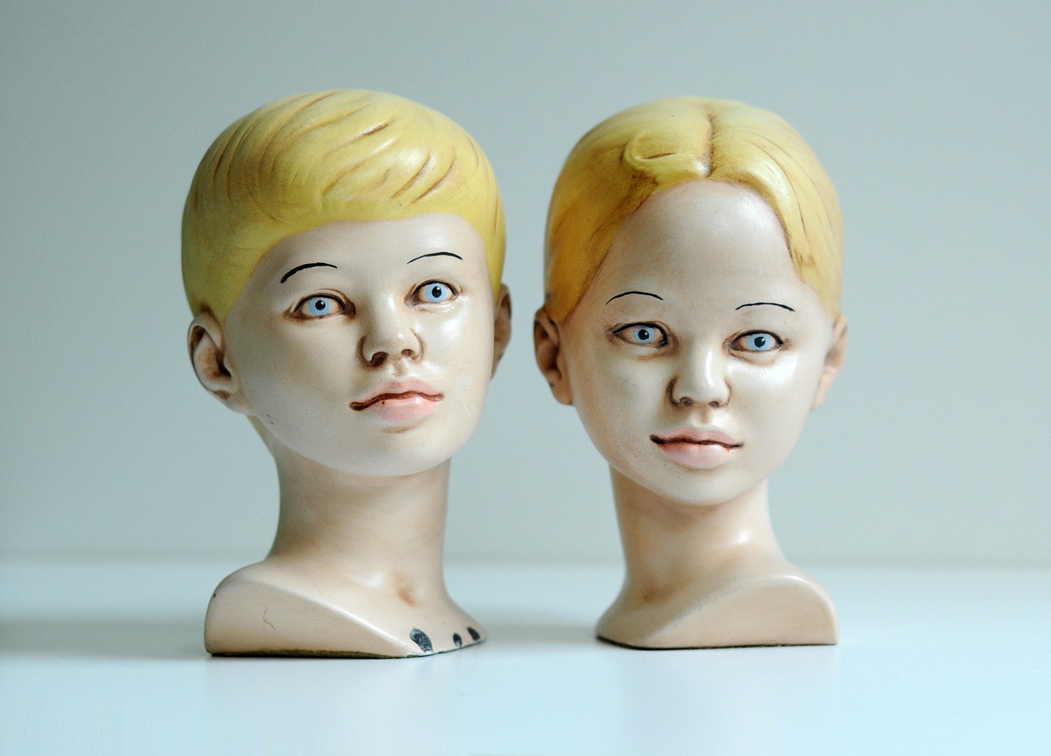 creepy plaster heads boy girl children oddity bust figurine hand painted home decor 8" tall