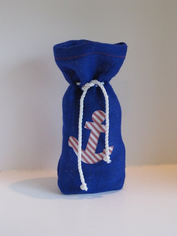 Nautical Royal Blue Burlap and Striped Anchor Applique Wine Bag Bottle Bag