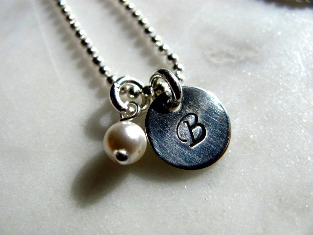 Sterling Silver Hand Stamped Charm Necklace with Pearl