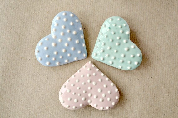Mint Blue Pink - cream polka dotted, heart shaped, ceramic brooch, pin - fresh colors -pastel color