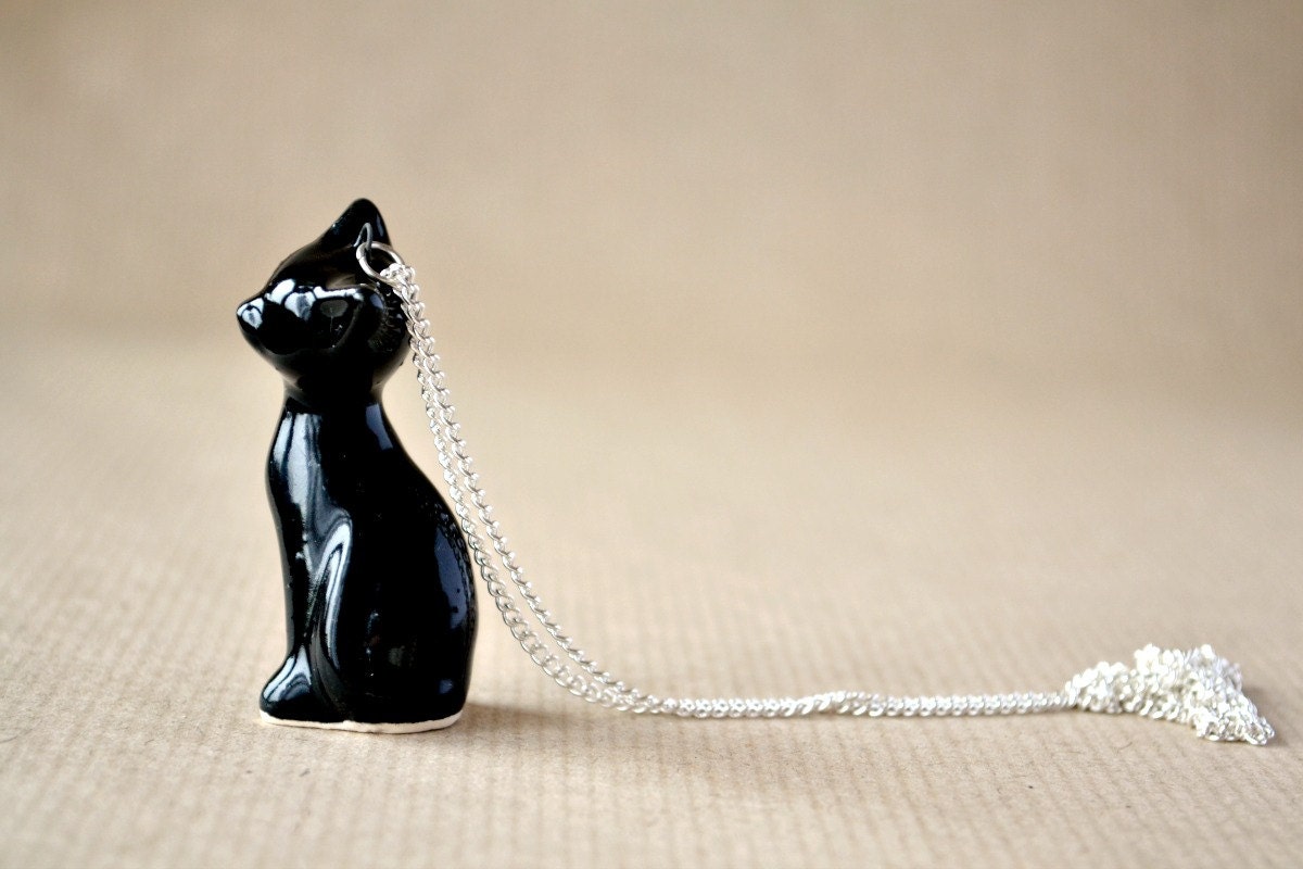 Black cat - Ceramic cat necklace - Chat noir - Handmade ceramic cat in fine delicate shape. black cat necklace Etsy UK