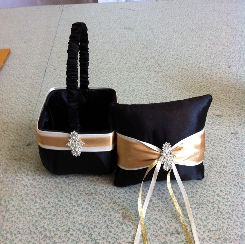 Black  with Ivory  and Gold  Flower Girl Basket and Ring bearer Pillow with Bling