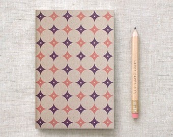 Mini Sketchbook with Pencil, Recycled Brown Journal - Modern Geometric Patterns, Autumn Peach, Purple - Stocking Stuffer