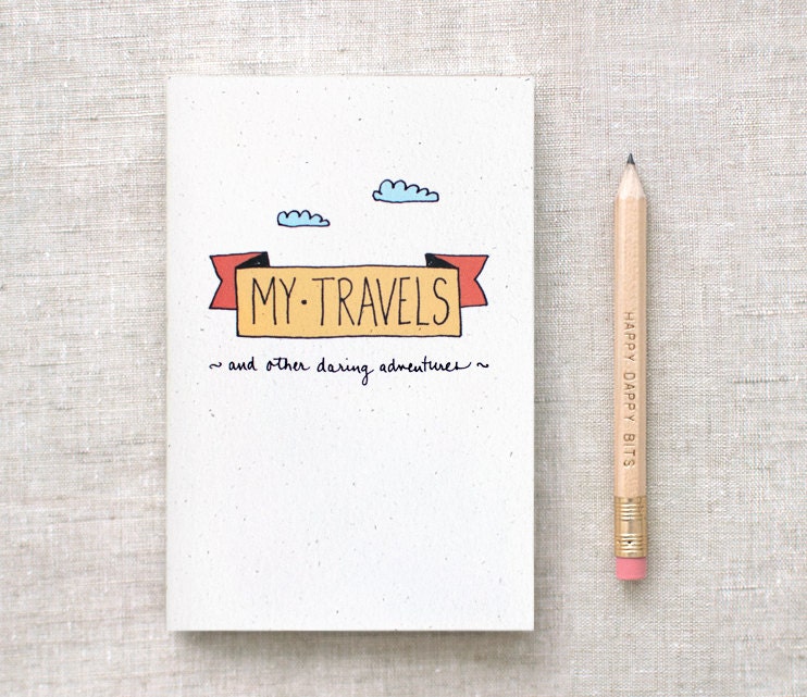 My Travels Journal & Pencil Set, Mini Sketchbook - Hand Drawn, Eco Friendly - Mustard Yellow Orange