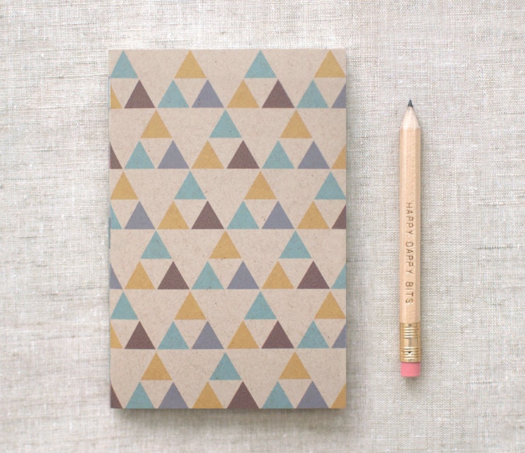 Geometric Sketchbook & Pencil Set - Brown Recycled Mini Pocket Size Journal - Triangle Pattern - Stocking Stuffer