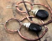 Lotus Petal copper earrings-Black obsidian faceted teardrop-Sterling silver earwires