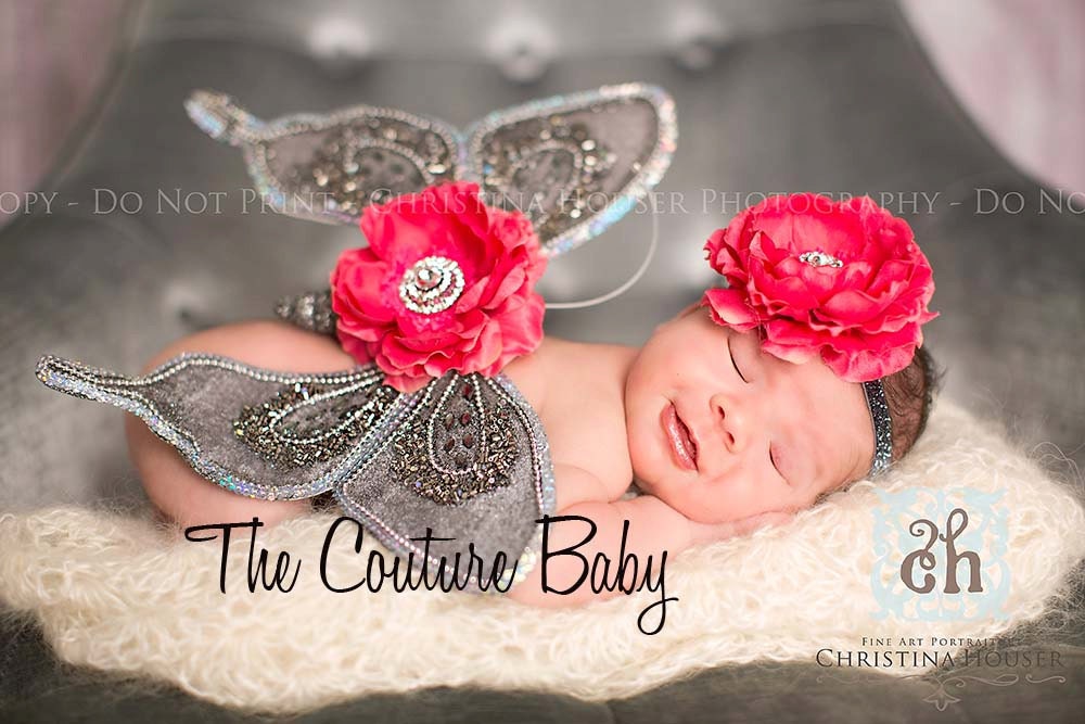 SILVER LUXE Sequin Hot Pink Butterfly Wings and Headband Photo Prop First Photos