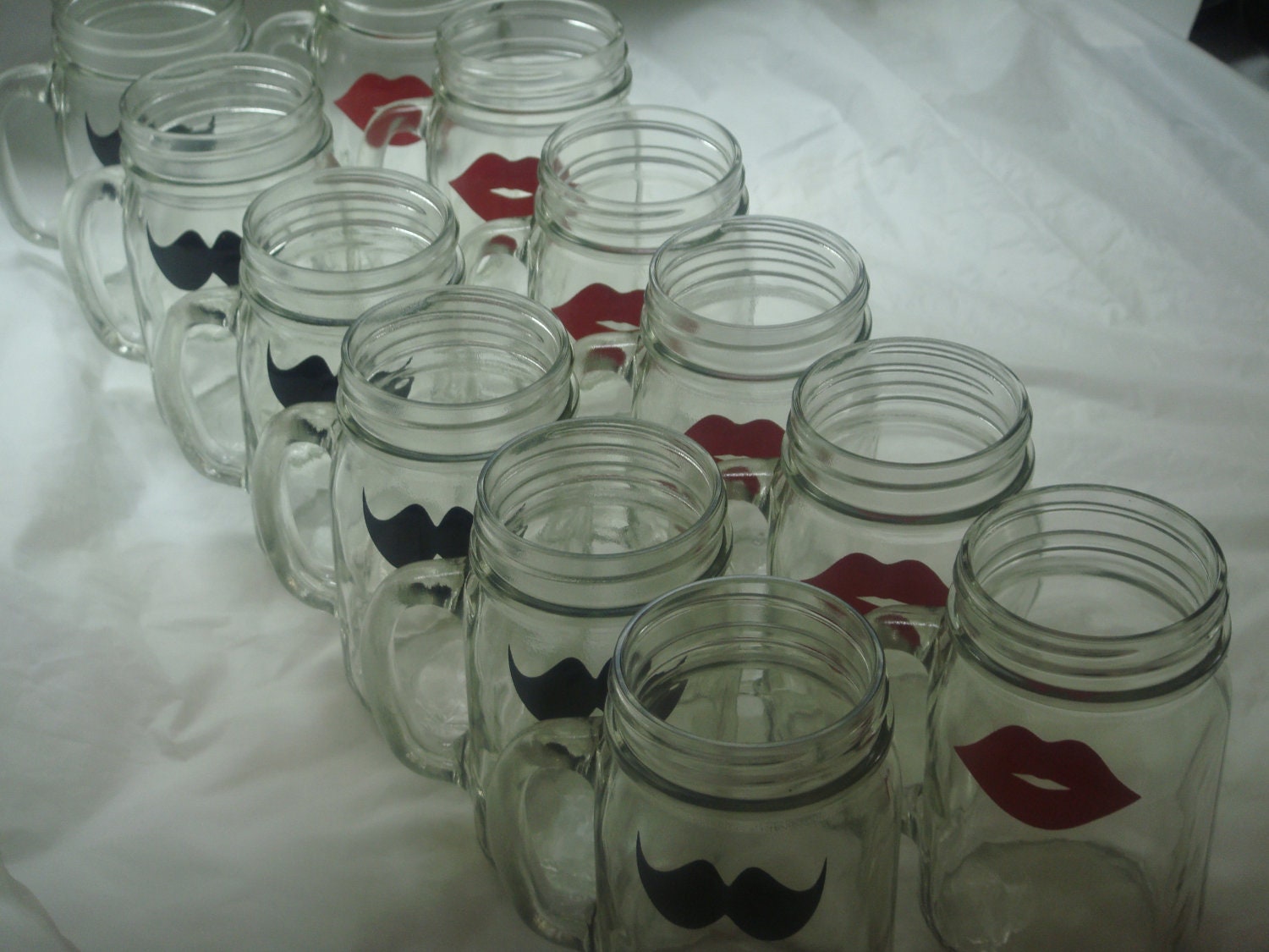 Groomsmen and Bridesmaid Gifts/ Set of 12 Mustache and Lips 16 oz. Mason Jars Personalized With Names and Dates