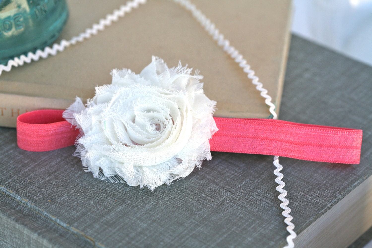 White Flower on Coral Elastic Headband / Photo Prop