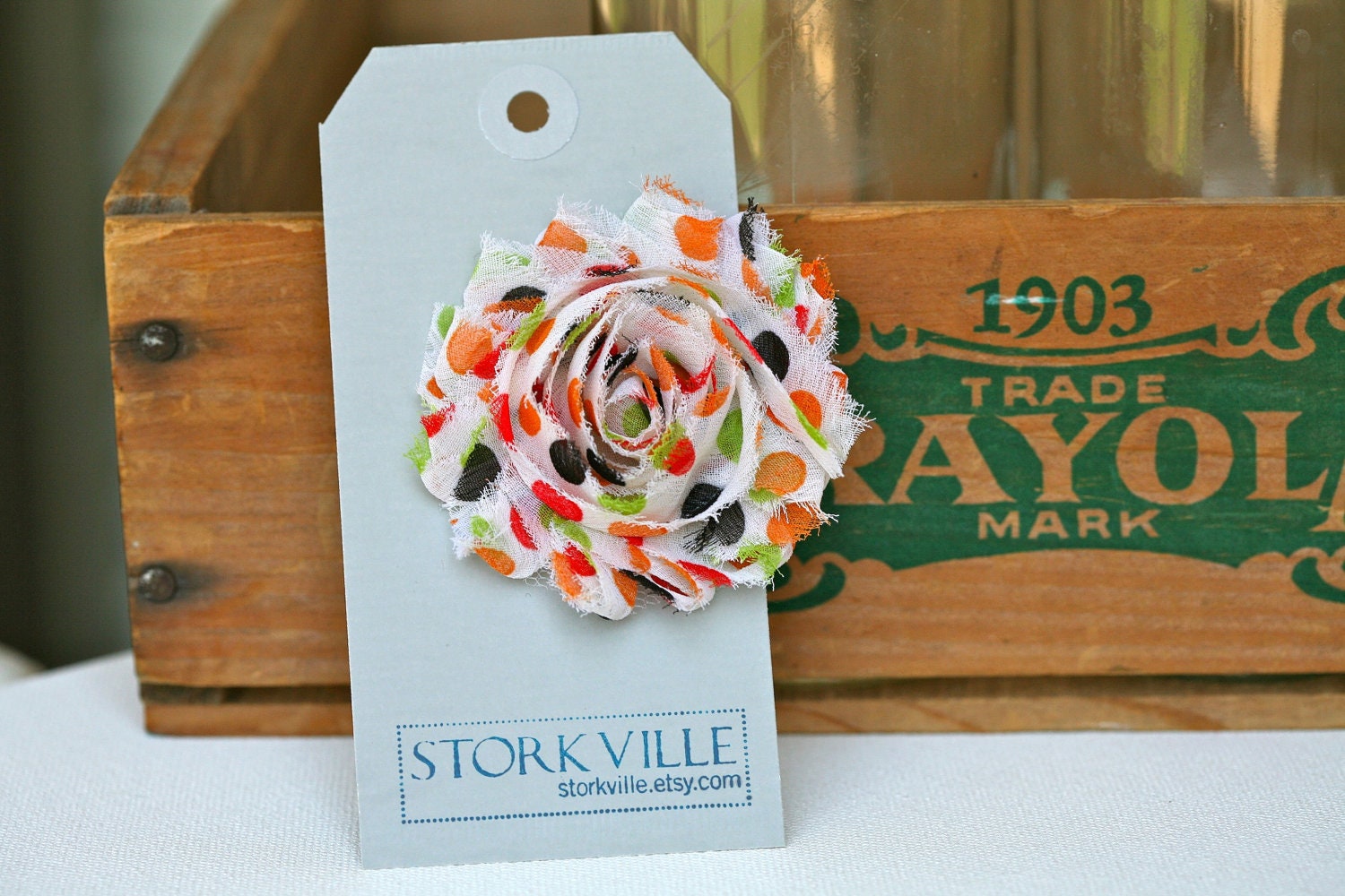 Orange, Lime Green and Black Polka Dot Flower Hair Bow