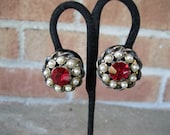 Red Rhinestone Faux Pearl Earrings Vintage