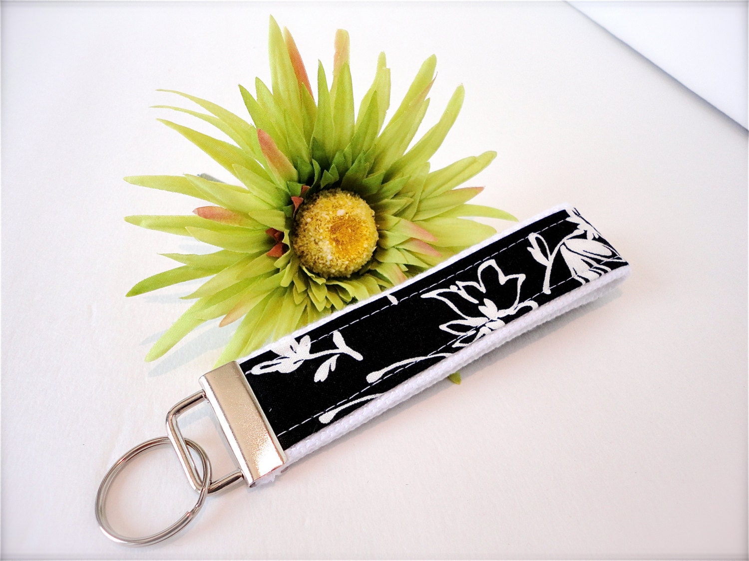 Beautiful Key Fob/Wristlet Black and White Floral