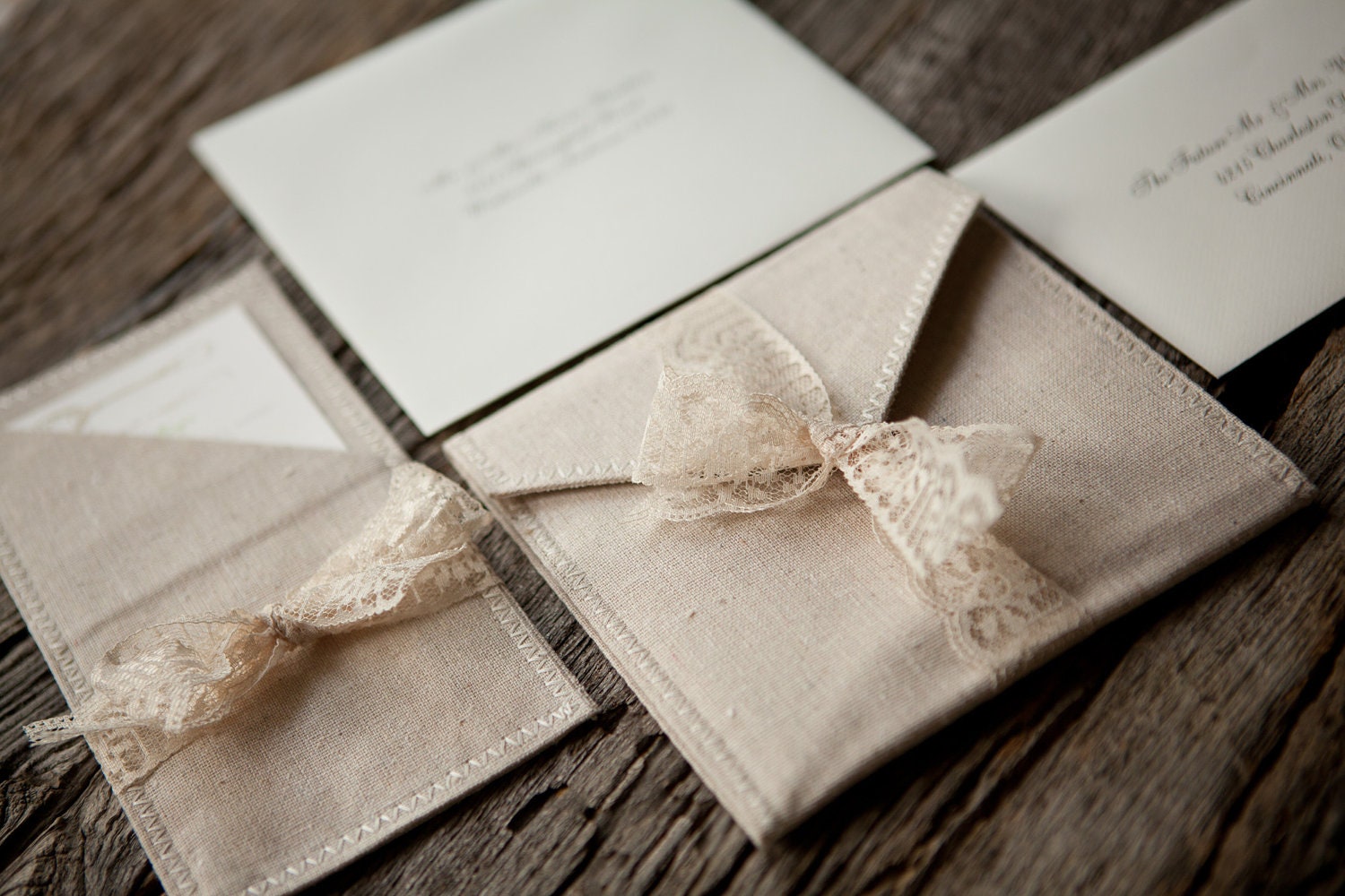 Linen and lace pocket fold wedding invitations