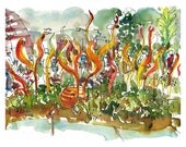 Chihuly in Seattle, watercolor sketch of glass sculpture - 8x10 print in vibrant reds and oranges