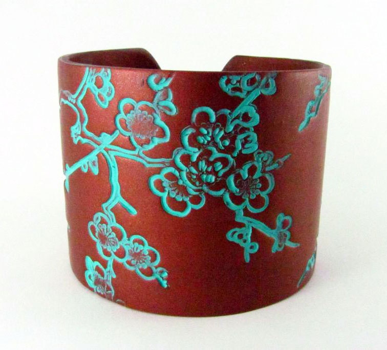 Polymer Clay Jewelry Copper Cuff Bracelet Wide Hand Stamped Jewelry Custom Bracelet Verdigris Patina