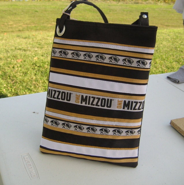 small strappy (cross body) suede MIZZOU bag  ---  ribbons on remnants -  black, gold, and tiger