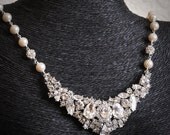 ZAFIRA, Bridal Necklace, Vintage Inspired Chuncky Rhinestone Wedding Bib Necklace, White or Ivory Pearl Statement Necklace, Bridal Jewelry