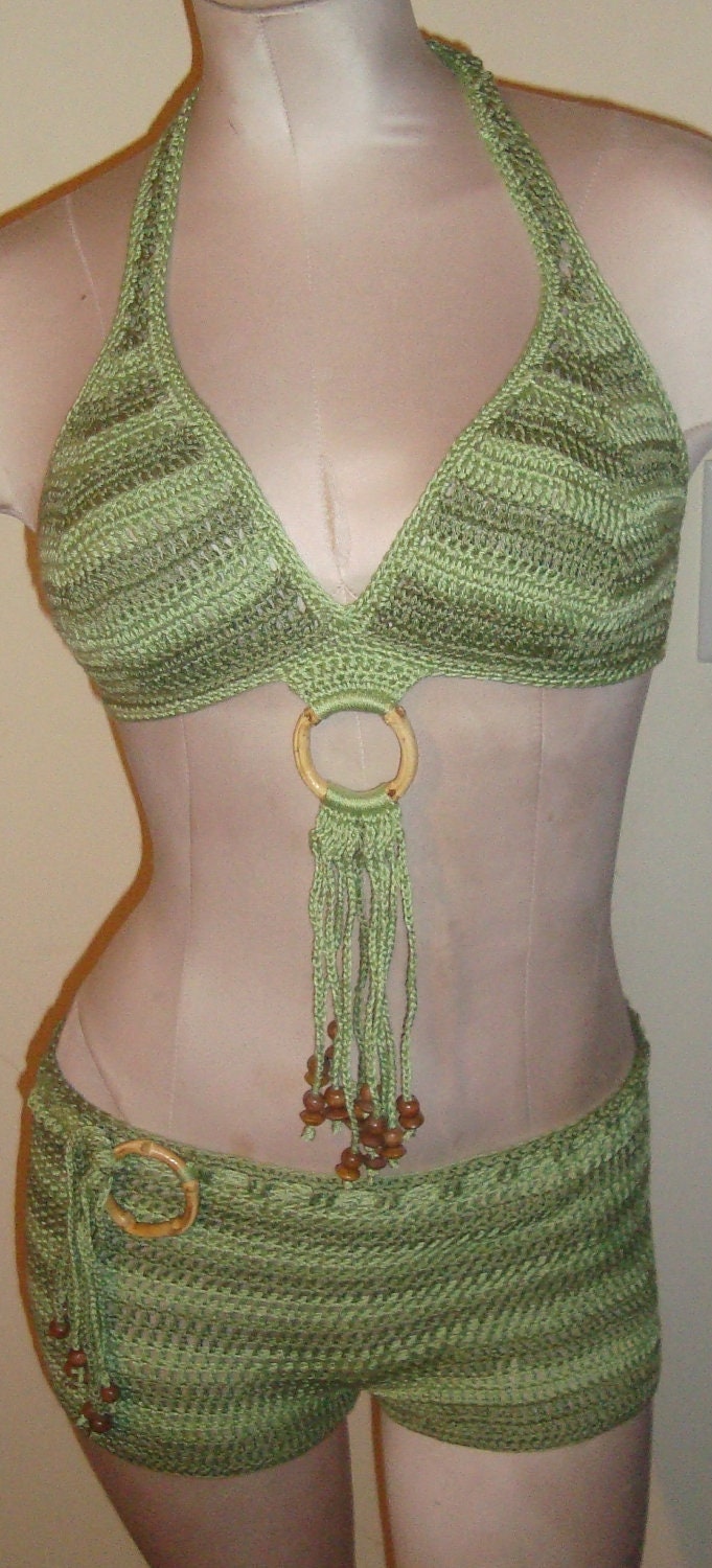 Handmade Crochet Two-Tone Green 2Pc Boyshorts Bikini