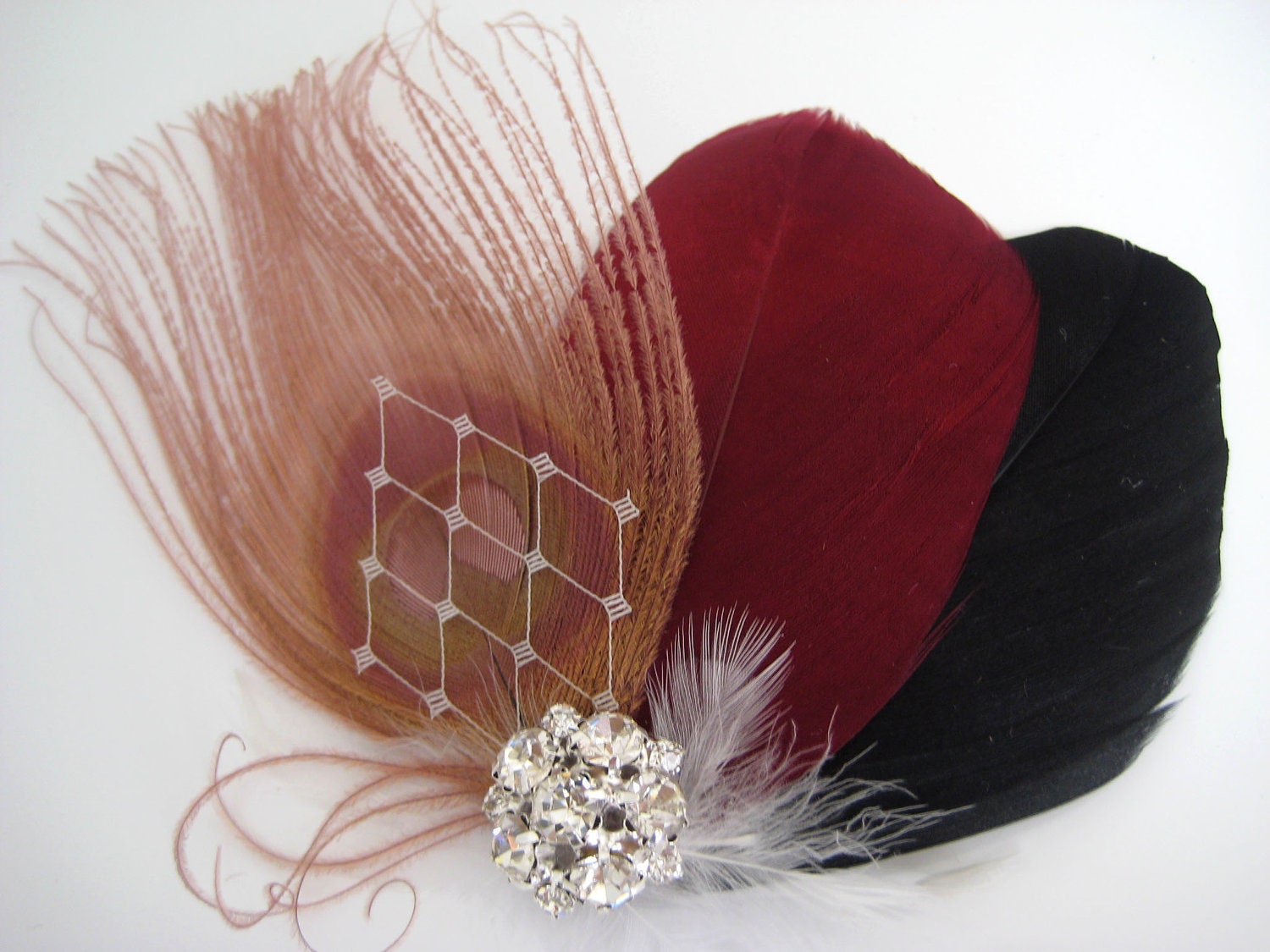 Wedding Bridal Burgundy Red Black Feather Dusty Pink Peacock Rhinestone Jewel Ivory Veiling Head Piece Hair Clip Fascinator