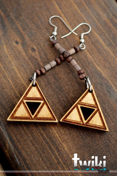 Laser cut and engraved Zelda Triforce wood earrings