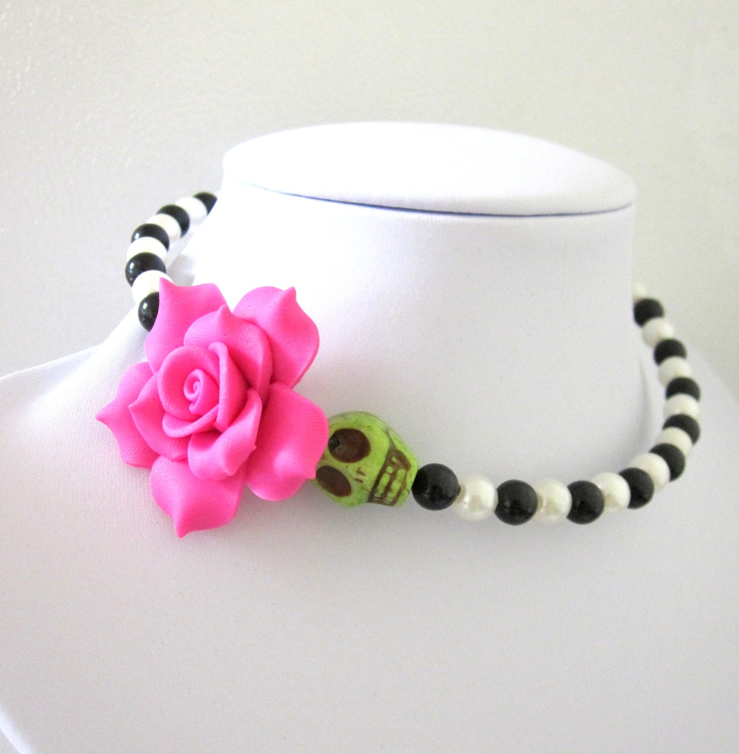Day of the Dead Necklace Sugar Skull Choker Memory Wire Black White Green Pink Rose