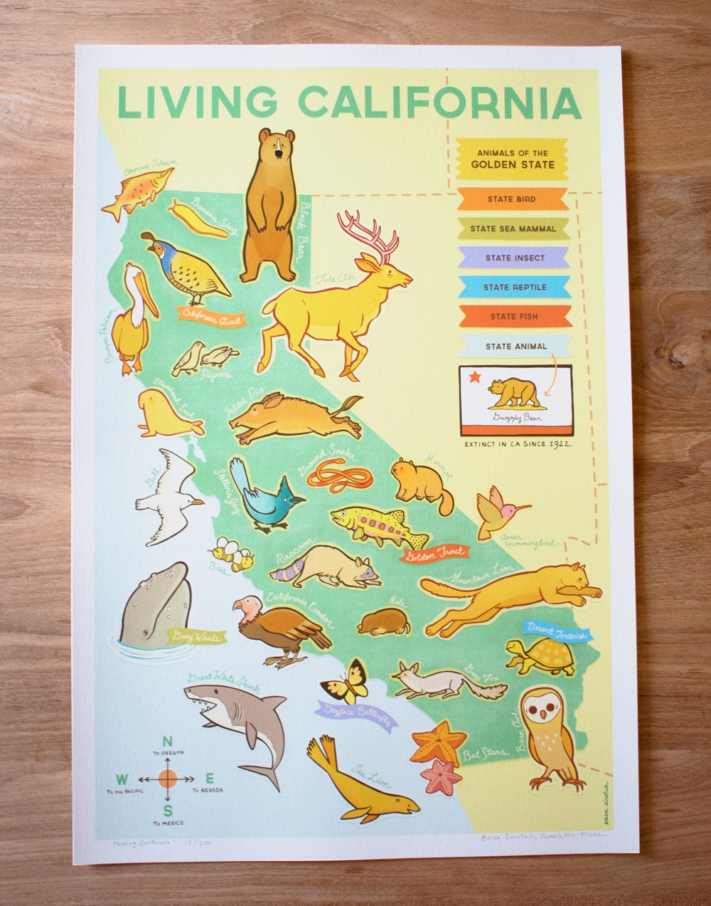 Living California Wildlife Map, 13" by 19" Limited Edition Print