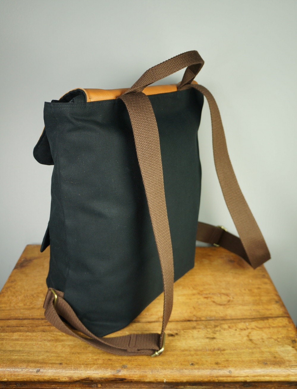 City Backpack in Black Canvas/ Backpack/ Women/ Laptop Bag/ Tan Leather/ Handmade in New York/ Messenger
