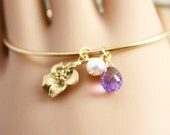 Golden Lily Bangle - 14k Gold-Fill Bracelet w/Flower, Gemstone & Akoya Pearl - Birthday / Anniversary / Bridesmaid Jewelry Gift