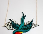 Hand Painted Sparrow Soaring Through Clouds Necklace