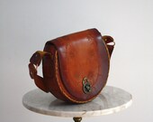 Leather Bag Brown Mustard EMBOSSED Name Hippie Boho Monogrammed Marge Super Thick - 1970s VINTAGE