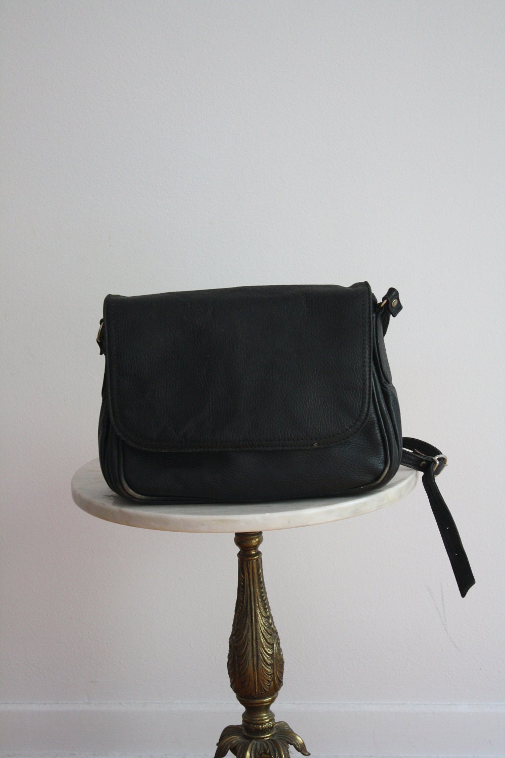 Black Leather Bag THICK HEAVY Flap Purse Distressed - 1980s VINTAGE
