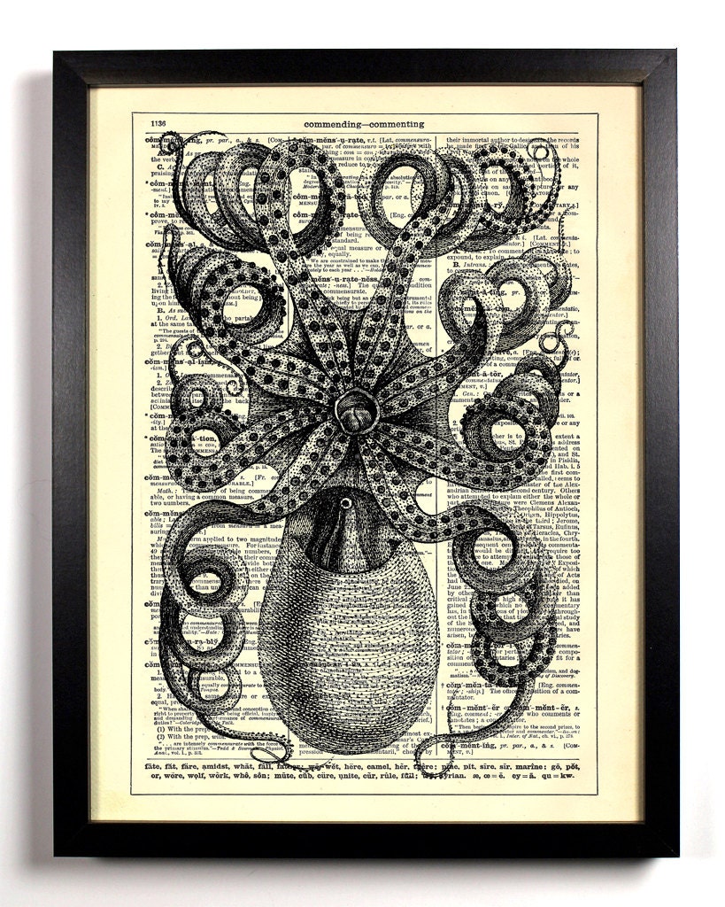 Swirled Tentacles Octopus Engraving, Nautical, Ocean, Antique, Upcycled Vintage Dictionary Book Page, 8 x 10 Print